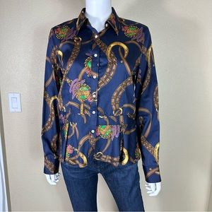 Ralph Lauren Navy Blouse with Multicolor Chain Print